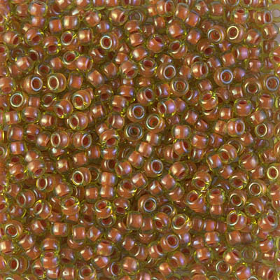 8-345:  8/0 Salmon Lined Peridot Luster Miyuki Seed Bead 