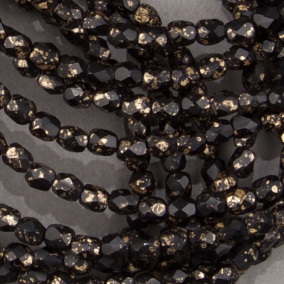 CZF-1016: 4mm Czech Fire Polished - Gold Speckled Black (50 pcs) 