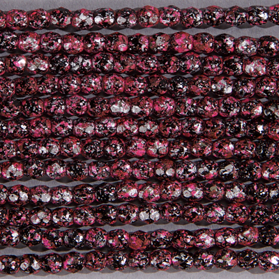 CZF-1163: 4mm Czech Fire Polished - Black Speckled Metallic Silver & Pink (50 pcs) - DIscontinued 