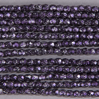 CZF-1164: 4mm Czech Fire Polished - Black Speckled Metallic Silver & Purple (50 pcs) - DIscontinued 
