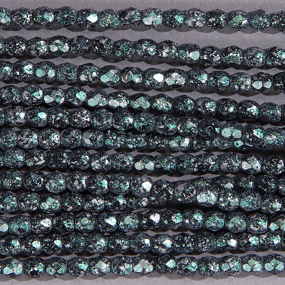 CZF-1166: 4mm Czech Fire Polished - Black Speckled Metallic Silver & Green (50 pcs) - DIscontinued 