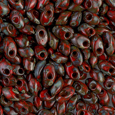 LMA-4513:  Miyuki 4x7mm Long Magatama Opaque Red Picasso 