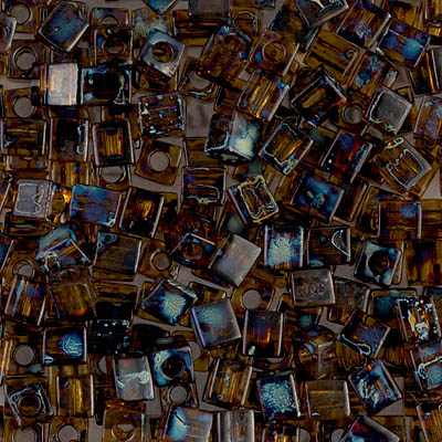 SB-4502:  Miyuki 4mm Square Bead Transparent Dark Topaz Picasso 
