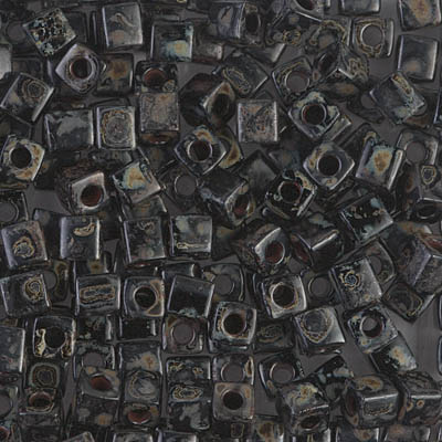 SB-4511:  Miyuki 4mm Square Bead Black Picasso 