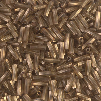 TW206-1265:  Miyuki 2x6mm Twisted Bugle Bead Gold Antiqued Matte Transparent Chartreuse 